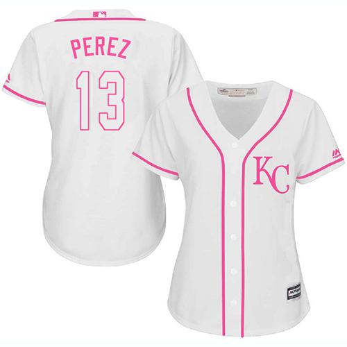 Royals #13 Salvador Perez White/Pink Fashion Women's Stitched MLB Jersey